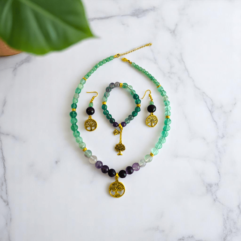 Aurora Glow Set | Fluorite Stone - For Women | Includes: Necklace, Bracelet, Earring