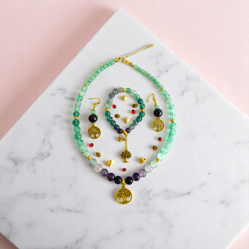 Aurora Glow Set | Fluorite Stone - For Women | Includes: Necklace, Bracelet, Earring