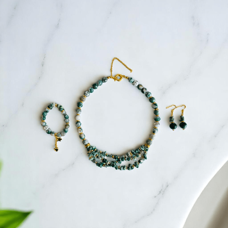 Verdant Grace Set | Tree Agate Stone - For Women | Includes: Necklace, Bracelet, Earring