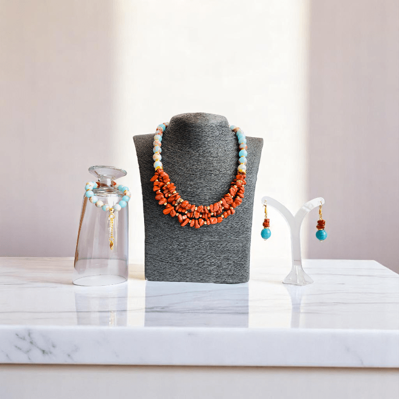 Ocean Dream Set | Blue Agalmatolite, Impression Jasper & Aqua Terra Jasper - For Women | Includes: Necklace, Bracelet, Earring