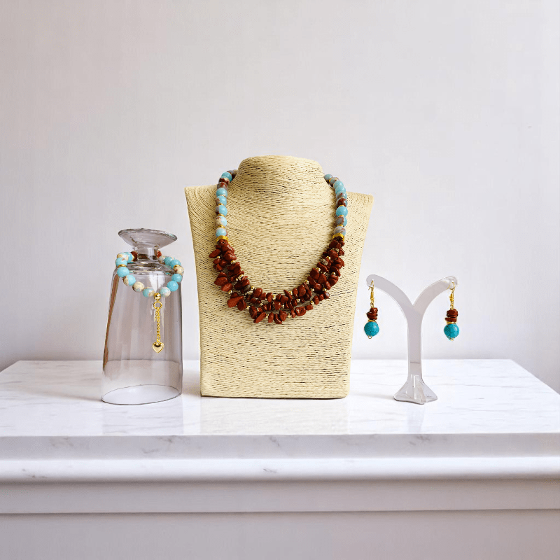 Ocean Dream Set | Blue Agalmatolite, Impression Jasper & Aqua Terra Jasper - For Women | Includes: Necklace, Bracelet, Earring