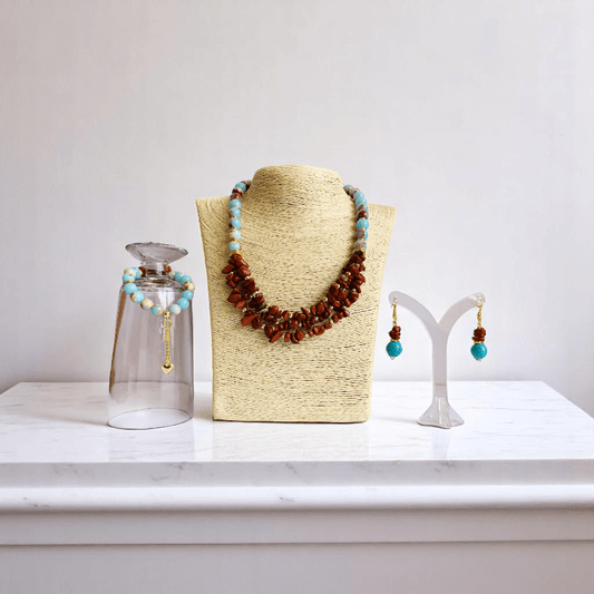Ocean Dream Set | Blue Agalmatolite, Impression Jasper & Aqua Terra Jasper - For Women | Includes: Necklace, Bracelet, Earring