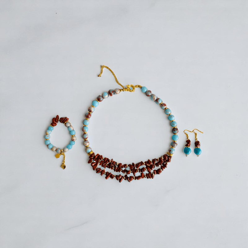 Ocean Dream Set | Blue Agalmatolite, Impression Jasper & Aqua Terra Jasper - For Women | Includes: Necklace, Bracelet, Earring