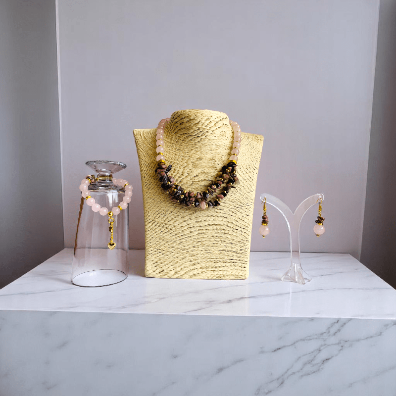 Tender Bloom Set | Rhodonite & Rose Quartz Stone - For Women | Includes: Necklace, Bracelet, Earring