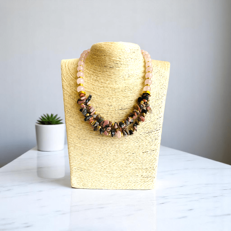 Tender Bloom Set | Rhodonite & Rose Quartz Stone - For Women | Includes: Necklace, Bracelet, Earring