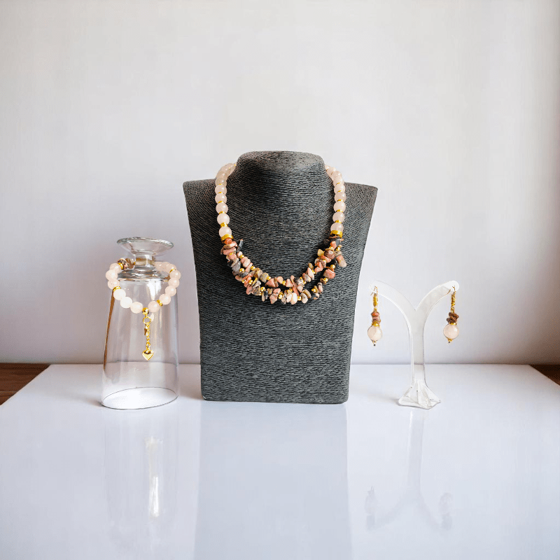 Tender Bloom Set | Rhodonite & Rose Quartz Stone - For Women | Includes: Necklace, Bracelet, Earring