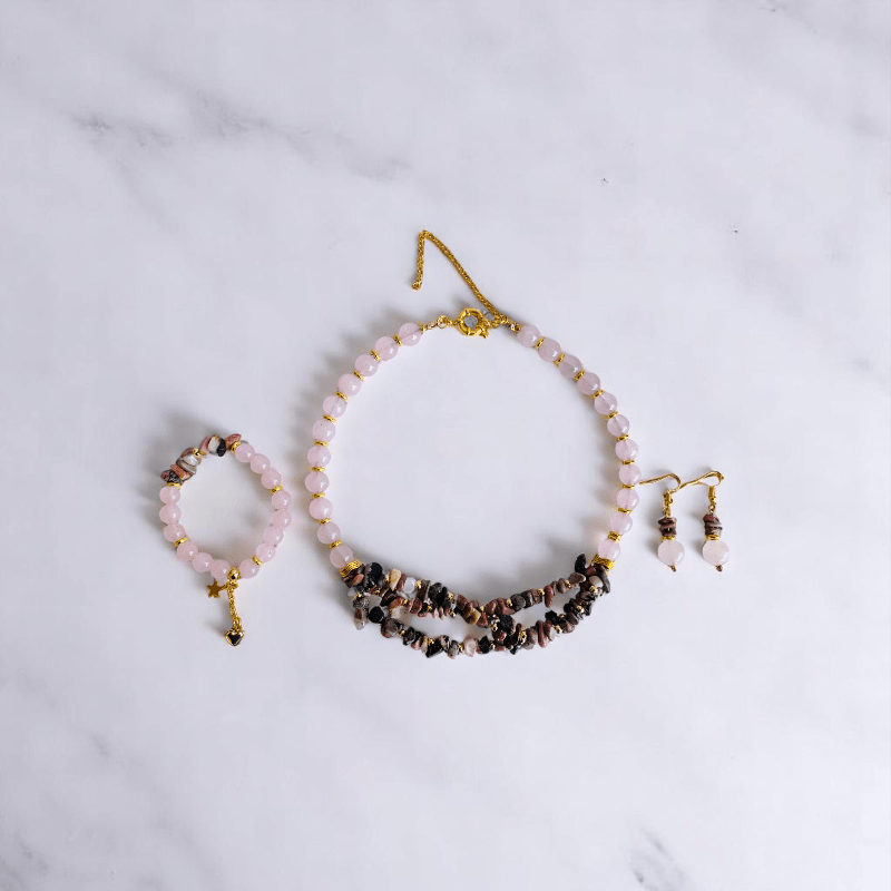 Tender Bloom Set | Rhodonite & Rose Quartz Stone - For Women | Includes: Necklace, Bracelet, Earring