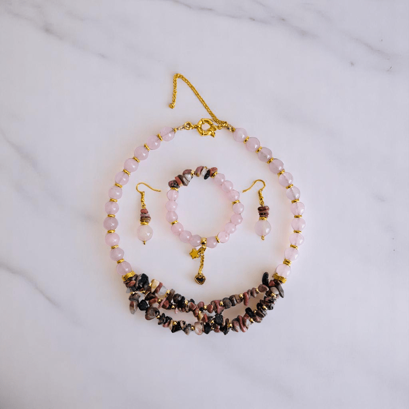Tender Bloom Set | Rhodonite & Rose Quartz Stone - For Women | Includes: Necklace, Bracelet, Earring