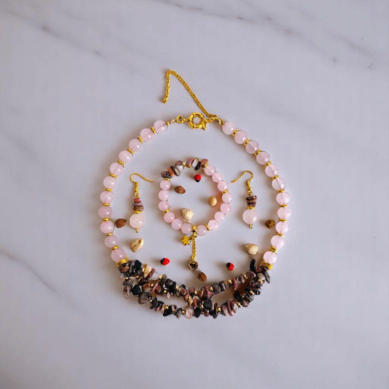 Tender Bloom Set | Rhodonite & Rose Quartz Stone - For Women | Includes: Necklace, Bracelet, Earring