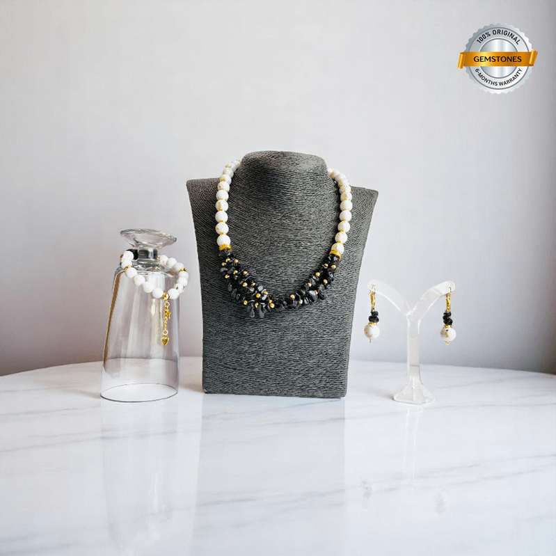 Obsidian Pearl Elegance Set | Black Obsidian & Mother of Pearl Stone - For Women | Includes: Necklace, Bracelet, Earring
