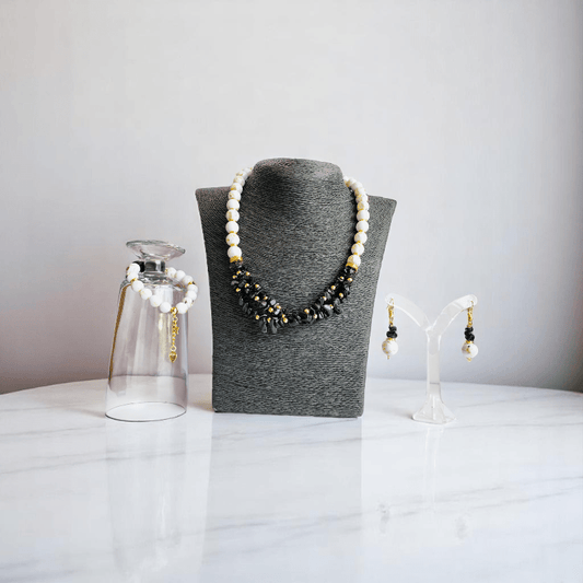 Obsidian Pearl Elegance Set | Black Obsidian & Mother of Pearl Stone - For Women | Includes: Necklace, Bracelet, Earring