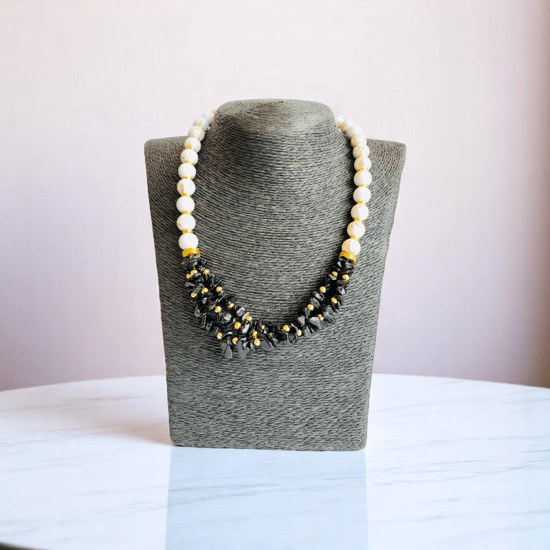 Obsidian Pearl Elegance Set | Black Obsidian & Mother of Pearl Stone - For Women | Includes: Necklace, Bracelet, Earring