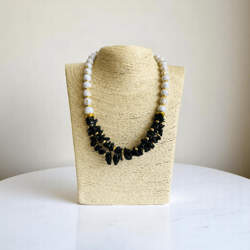 Obsidian Pearl Elegance Set | Black Obsidian & Mother of Pearl Stone - For Women | Includes: Necklace, Bracelet, Earring
