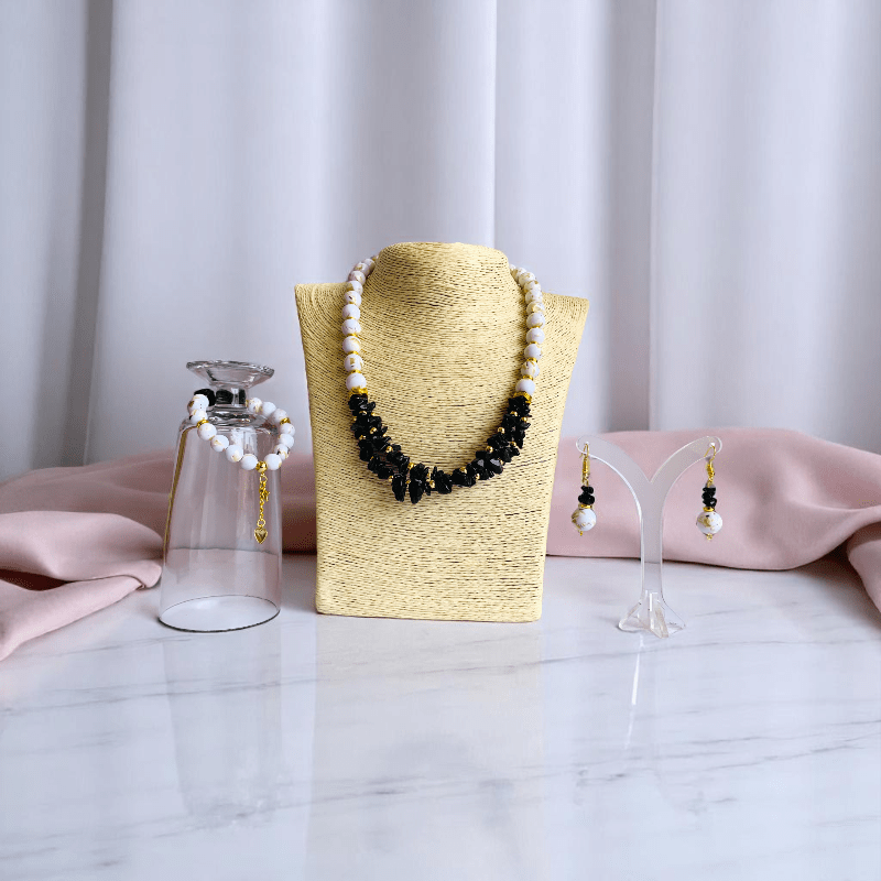 Obsidian Pearl Elegance Set | Black Obsidian & Mother of Pearl Stone - For Women | Includes: Necklace, Bracelet, Earring