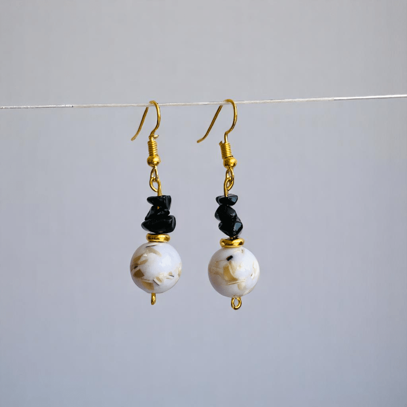 Obsidian Pearl Elegance Set | Black Obsidian & Mother of Pearl Stone - For Women | Includes: Necklace, Bracelet, Earring