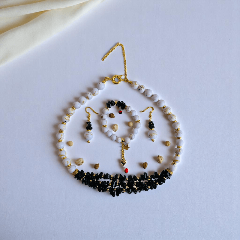 Obsidian Pearl Elegance Set | Black Obsidian & Mother of Pearl Stone - For Women | Includes: Necklace, Bracelet, Earring