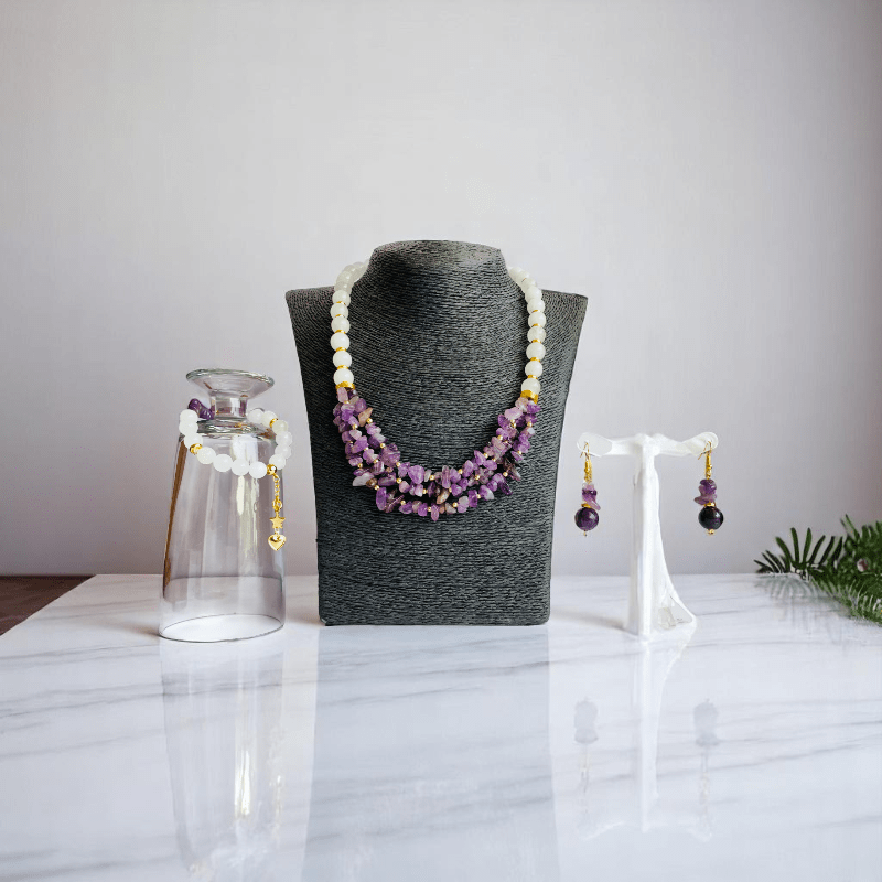 Royal Purity Set | Amethyst & White Jade Stone - For Women | Includes: Necklace, Bracelet, Earring