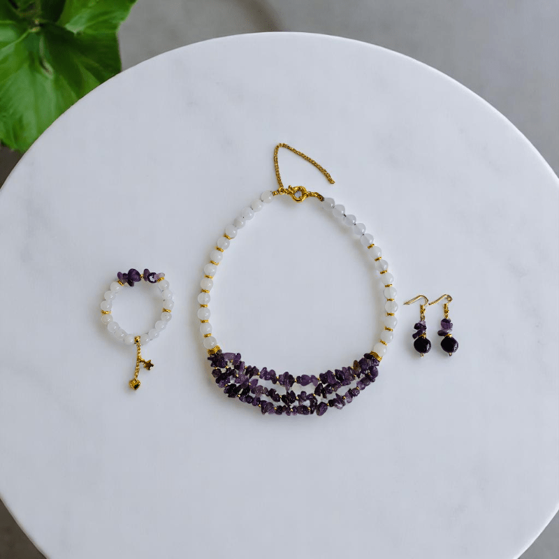 Royal Purity Set | Amethyst & White Jade Stone - For Women | Includes: Necklace, Bracelet, Earring