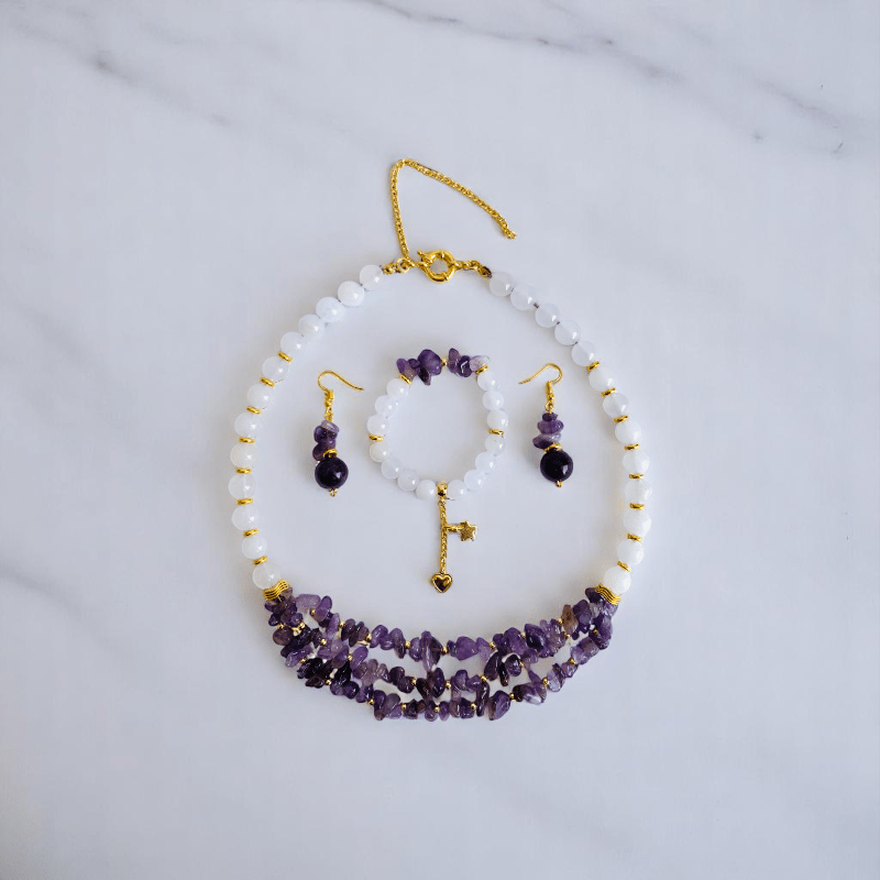 Royal Purity Set | Amethyst & White Jade Stone - For Women | Includes: Necklace, Bracelet, Earring