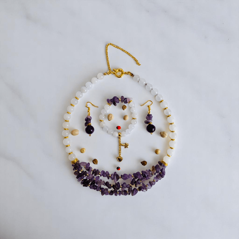 Royal Purity Set | Amethyst & White Jade Stone - For Women | Includes: Necklace, Bracelet, Earring