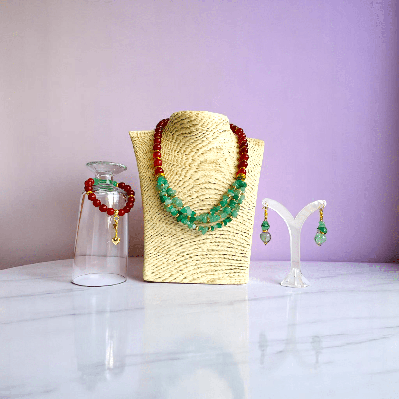 Vital Harmony Set | Green Aventurine & Red Onyx Stone - For Women | Includes: Necklace, Bracelet, Earring