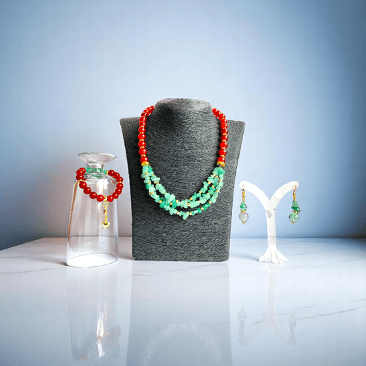 Vital Harmony Set | Green Aventurine & Red Onyx Stone - For Women | Includes: Necklace, Bracelet, Earring