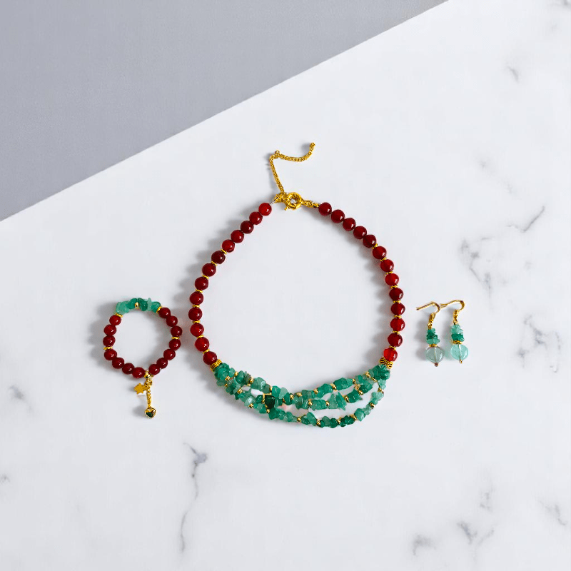 Vital Harmony Set | Green Aventurine & Red Onyx Stone - For Women | Includes: Necklace, Bracelet, Earring
