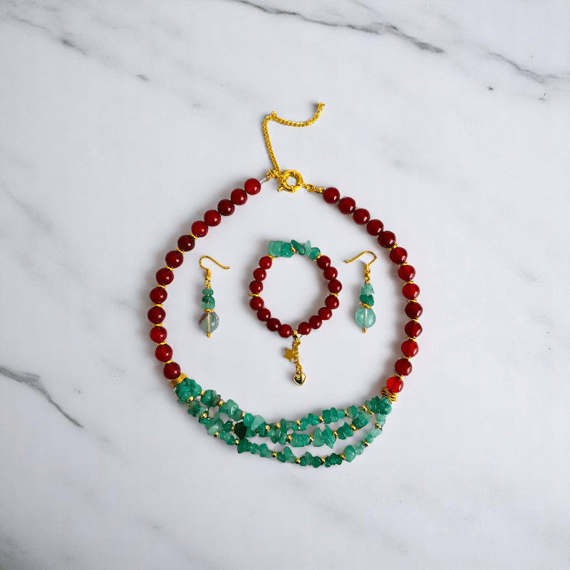 Vital Harmony Set | Green Aventurine & Red Onyx Stone - For Women | Includes: Necklace, Bracelet, Earring