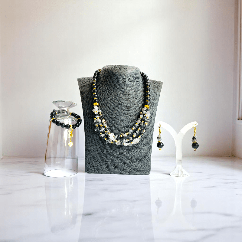 Shadow Spark Set | Black Obsidian & Rutile Stone - For Women | Includes: Necklace, Bracelet, Earring