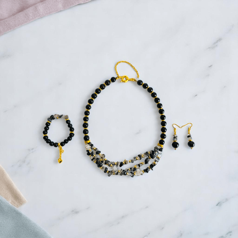 Shadow Spark Set | Black Obsidian & Rutile Stone - For Women | Includes: Necklace, Bracelet, Earring