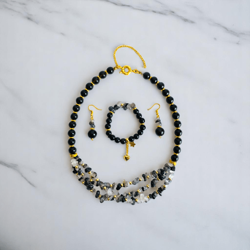 Shadow Spark Set | Black Obsidian & Rutile Stone - For Women | Includes: Necklace, Bracelet, Earring