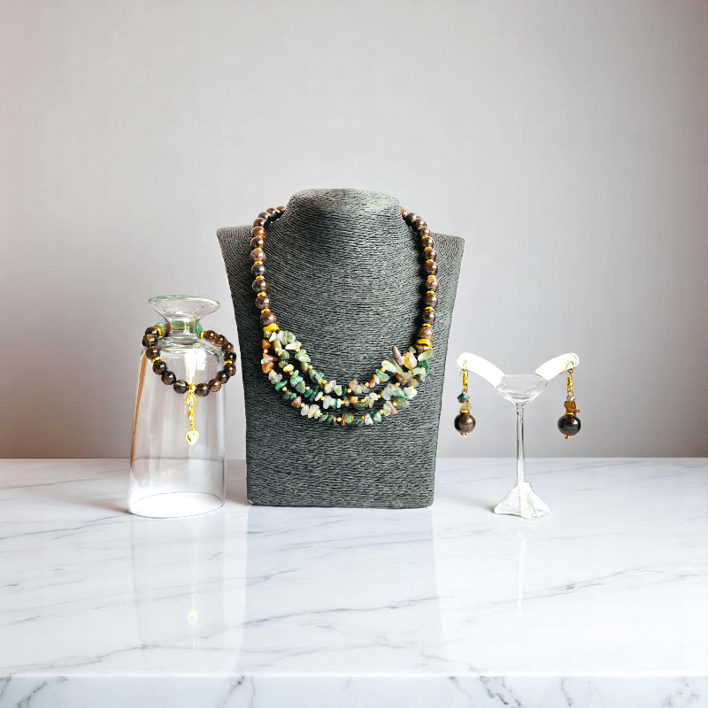 Fiery Earth Set | Red Tiger Eye & Indian Agate Stone - For Women | Includes: Necklace, Bracelet, Earring