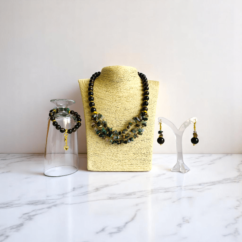 Fiery Earth Set | Red Tiger Eye & Indian Agate Stone - For Women | Includes: Necklace, Bracelet, Earring