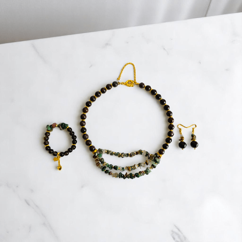 Fiery Earth Set | Red Tiger Eye & Indian Agate Stone - For Women | Includes: Necklace, Bracelet, Earring