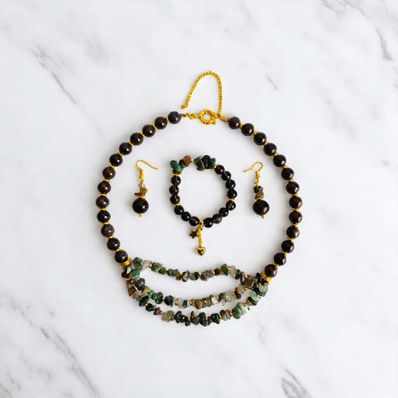 Fiery Earth Set | Red Tiger Eye & Indian Agate Stone - For Women | Includes: Necklace, Bracelet, Earring