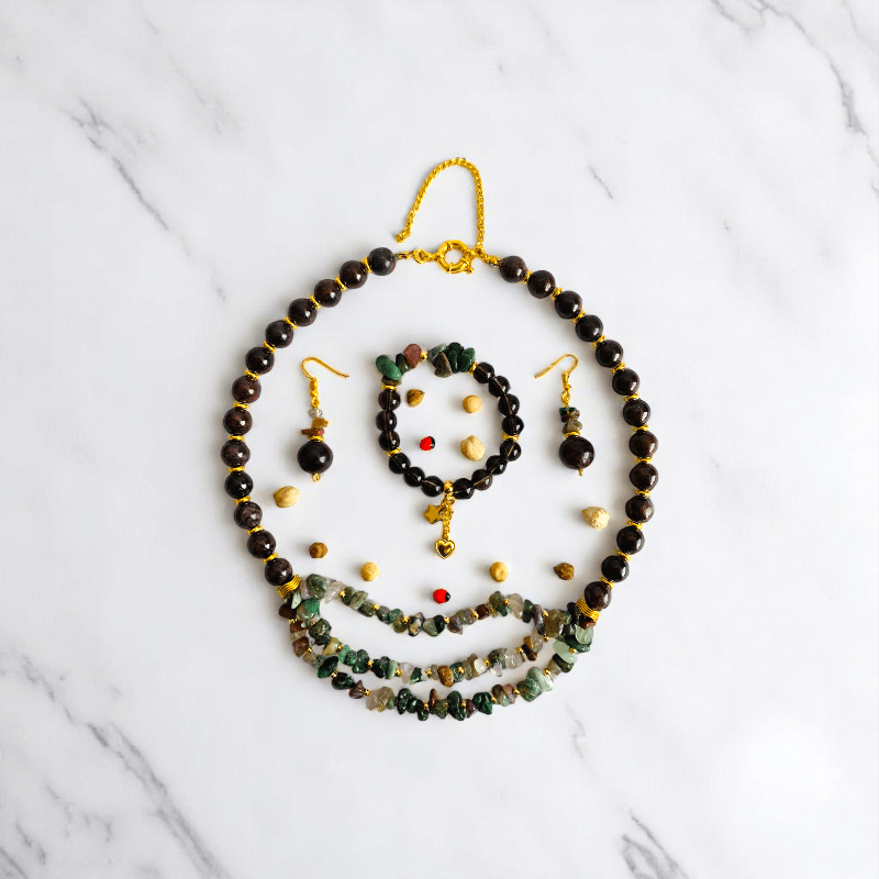 Fiery Earth Set | Red Tiger Eye & Indian Agate Stone - For Women | Includes: Necklace, Bracelet, Earring