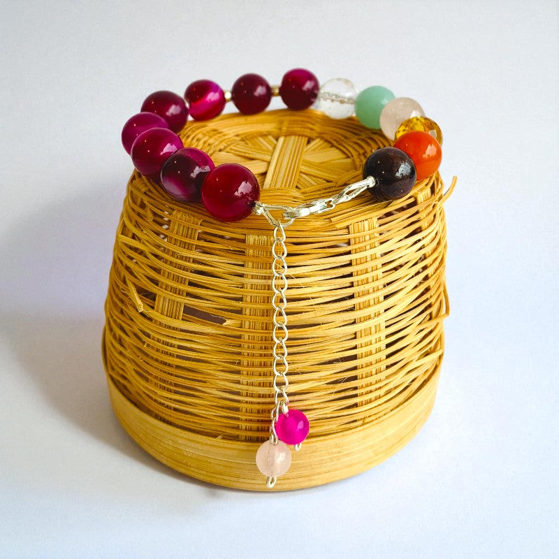 Crown Aura Asymmetric Silver Bracelet | Pink Banded Agate & 925 Silver β For Women | Includes: Bracelet