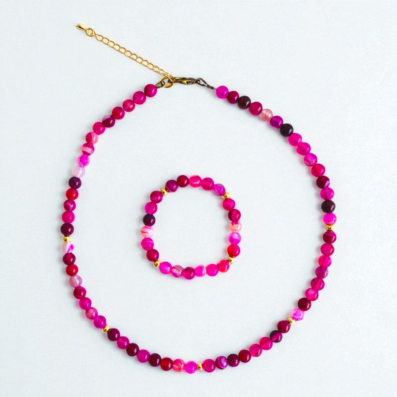 Joy Agate Set | Pink Banded Agate - For Kids Girls | Includes: Necklace & Bracelet