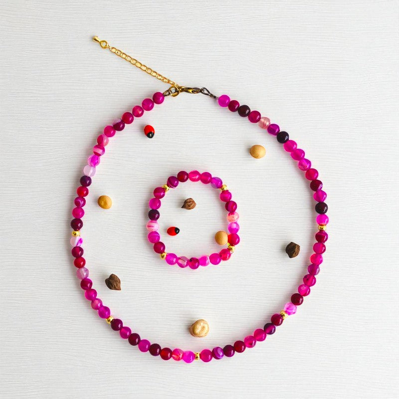 Joy Agate Set | Pink Banded Agate - For Kids Girls | Includes: Necklace & Bracelet