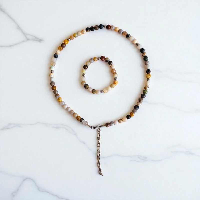 Nature Agate Set | Bamboo Leaf Agate - For Kids Girls | Includes: Necklace & Bracelet