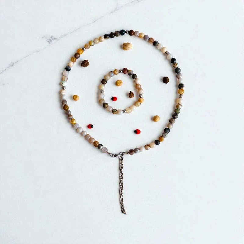 Nature Agate Set | Bamboo Leaf Agate - For Kids Girls | Includes: Necklace & Bracelet