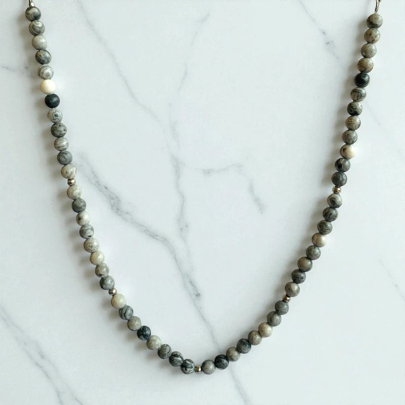 Art Jasper Set | Grey Picasso Jasper - For Kids Girls | Includes: Necklace & Bracelet