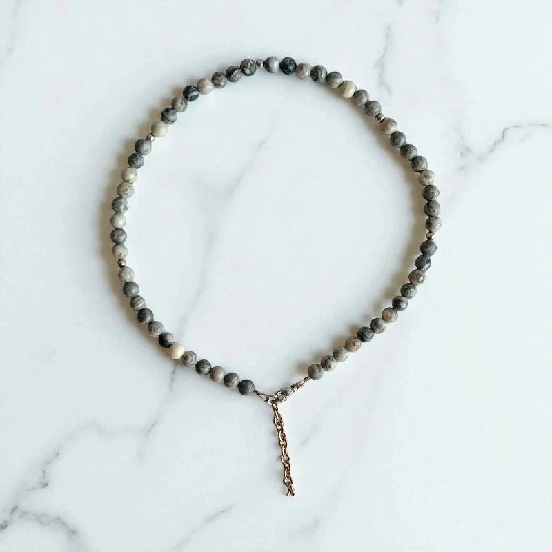 Art Jasper Set | Grey Picasso Jasper - For Kids Girls | Includes: Necklace & Bracelet
