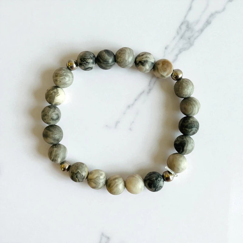 Art Jasper Set | Grey Picasso Jasper - For Kids Girls | Includes: Necklace & Bracelet