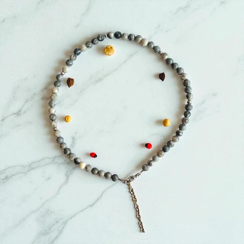 Art Jasper Set | Grey Picasso Jasper - For Kids Girls | Includes: Necklace & Bracelet