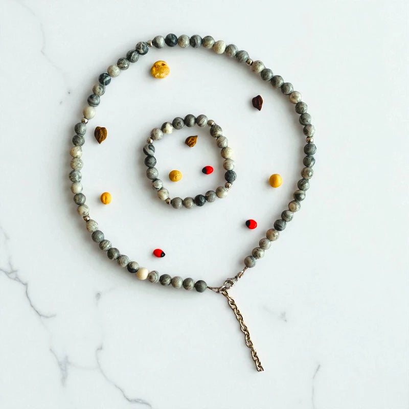 Art Jasper Set | Grey Picasso Jasper - For Kids Girls | Includes: Necklace & Bracelet