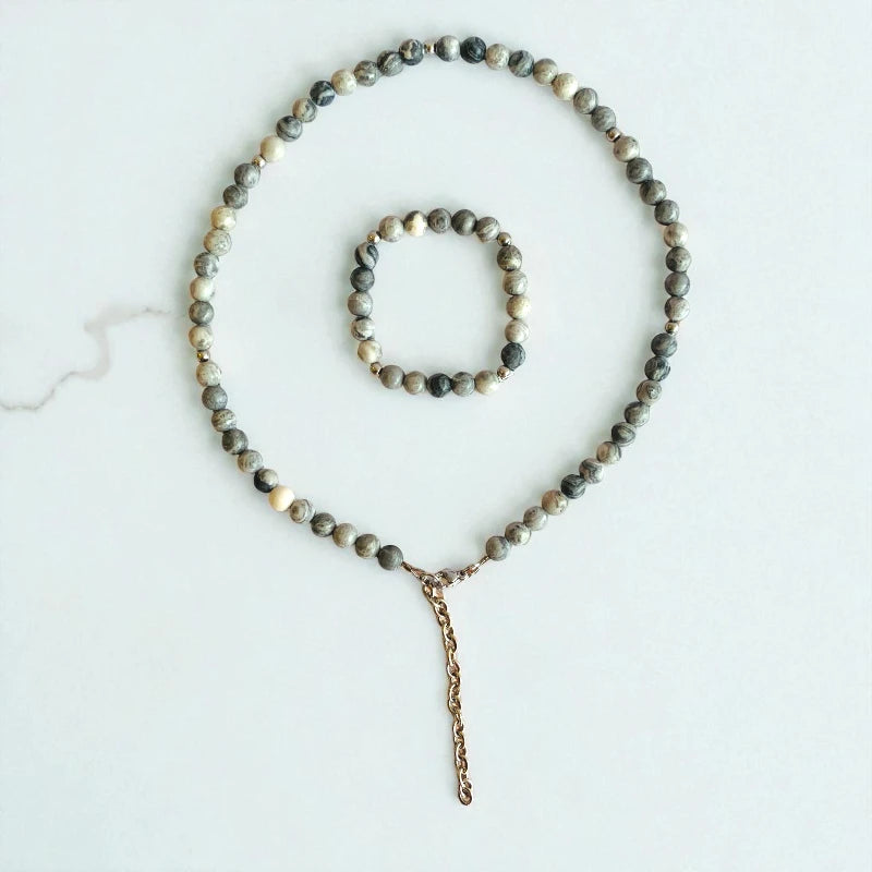 Art Jasper Set | Grey Picasso Jasper - For Kids Girls | Includes: Necklace & Bracelet
