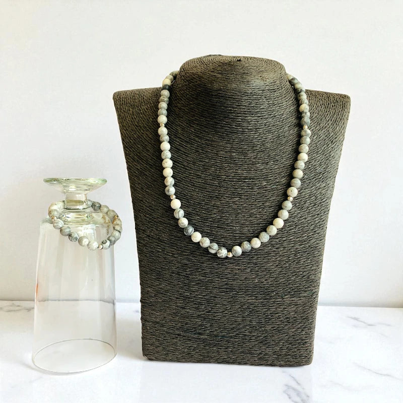 Art Jasper Set | Grey Picasso Jasper - For Kids Girls | Includes: Necklace & Bracelet