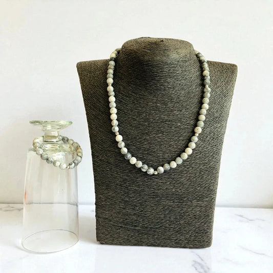 Art Jasper Set | Grey Picasso Jasper - For Kids Girls | Includes: Necklace & Bracelet