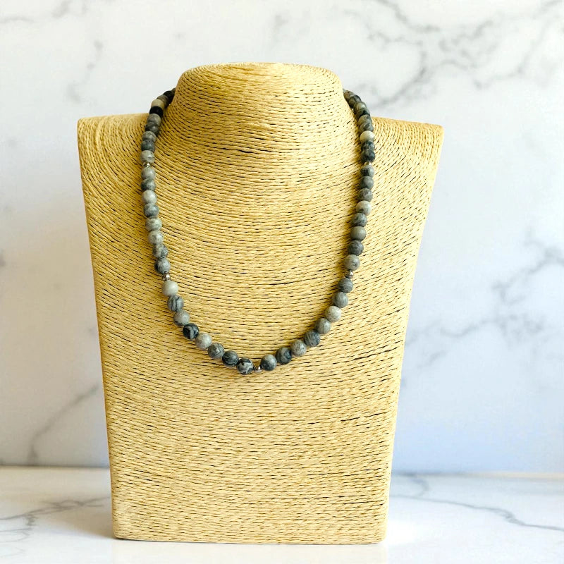 Art Jasper Set | Grey Picasso Jasper - For Kids Girls | Includes: Necklace & Bracelet
